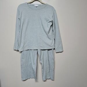 Lake‎ Pima Crew Long Sleeve Wide Leg Pajama Set Green Stripe Sz L